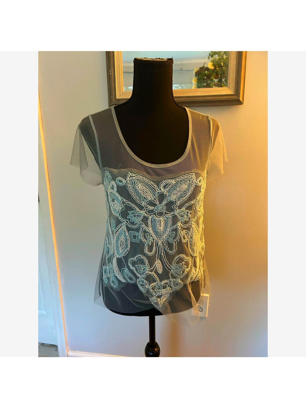 Blue Frost Beaded Tulle Top Black Label Urban Outfitters